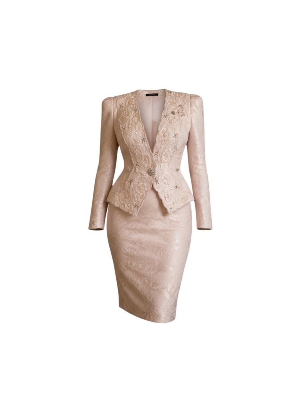 Vintage Blush Pink Lace Jacquard Skirt Suit